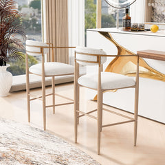 Barstools Set of 2, Upholstered Bar Stools with Back for Kitchen Island, Beige Fabric Seating Natural Wood Iron Legs 260LBS Weight Capacity
