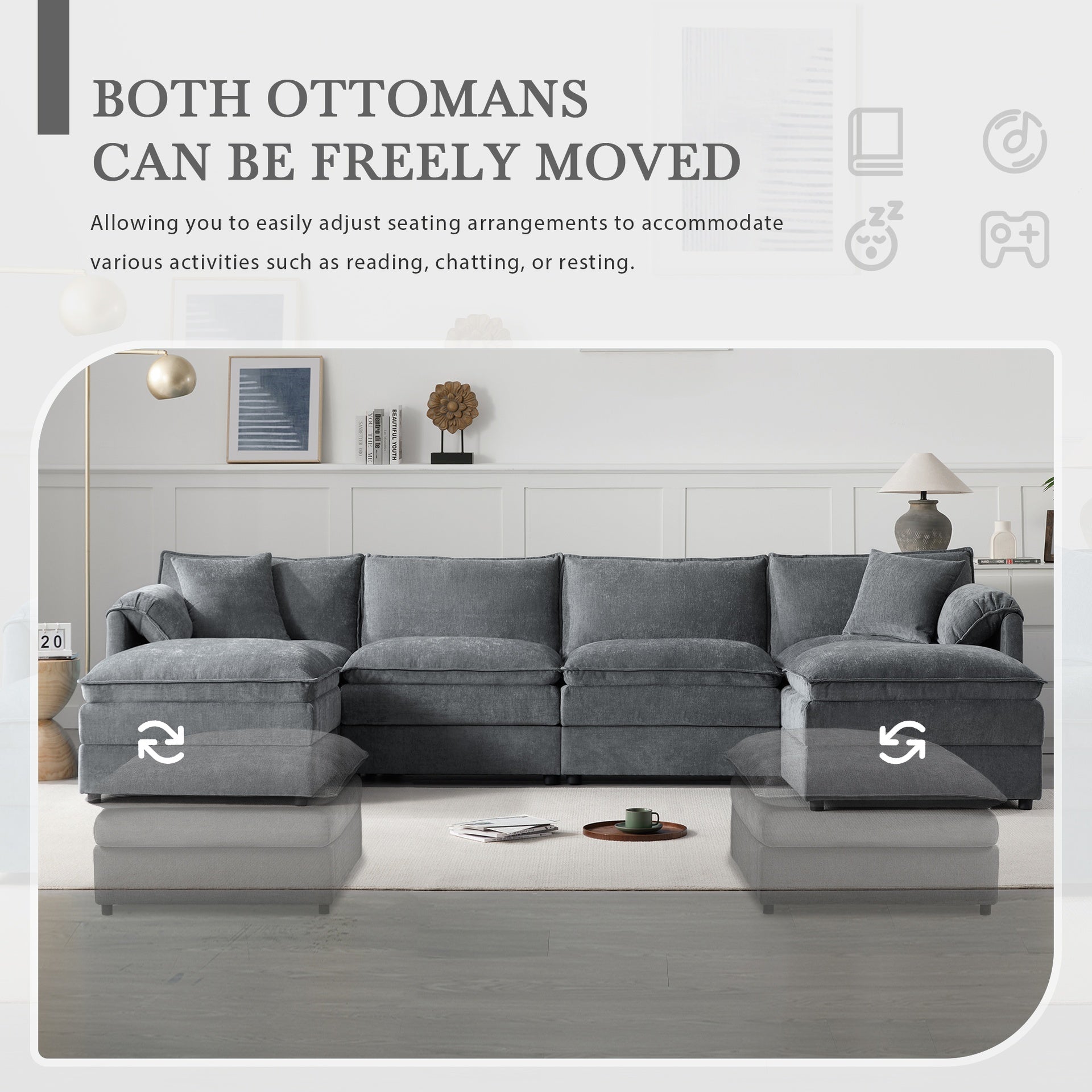 136" Chenille Modular Sectional Sofa with Deep and Wide Seat,U Shaped Cloud Couch Set with Double Cushions,6 Seat Sofa with Movable Ottoman,Oversized Indoor Furniture for Living Room&Apartment
