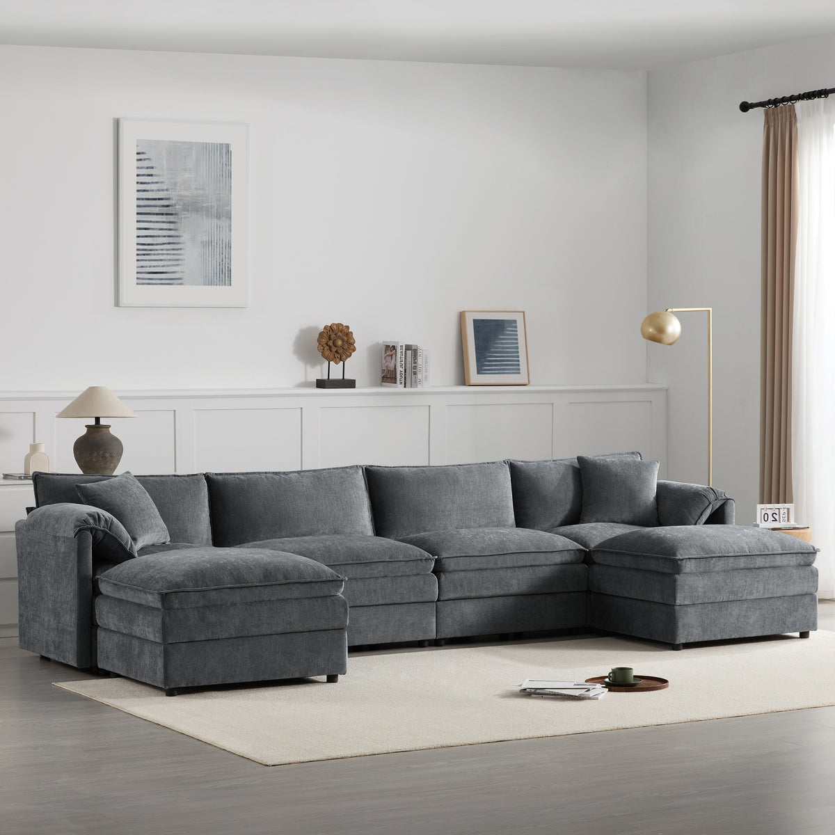 136" Chenille Modular Sectional Sofa with Deep and Wide Seat,U Shaped Cloud Couch Set with Double Cushions,6 Seat Sofa with Movable Ottoman,Oversized Indoor Furniture for Living Room&Apartment