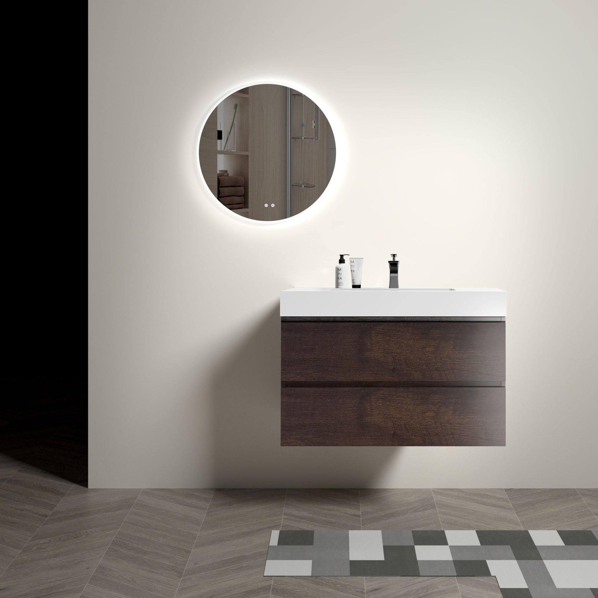 Alice 36" Walnut Bathroom Vanity with Sink, Large Storage Wall Mounted Floating Bathroom Vanity for Modern Bathroom, One-Piece White Sink Basin without Drain and Faucet, Pre-assembled