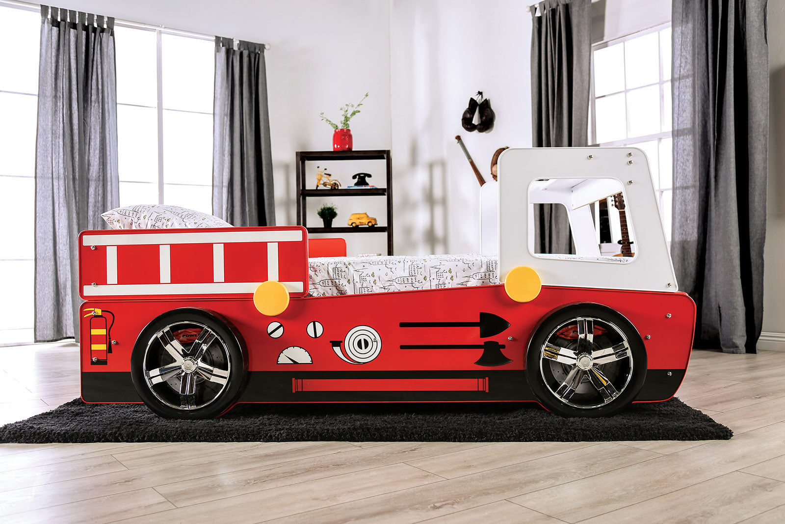 Twin Race Car Design Bed Modern Novelty Style With High Gloss Finish Metal Structure Included Slat Kit Red Finish