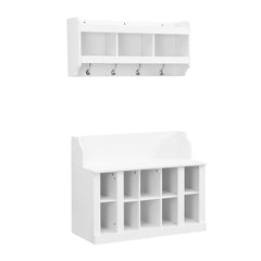 ON-TREND Shoe Storage Bench with Shelves and 4 Hooks, Elegant Hall Tree with Wall Mounted Coat Rack, Entryway Organizer For Hallway, Foyer, Mudroom, White