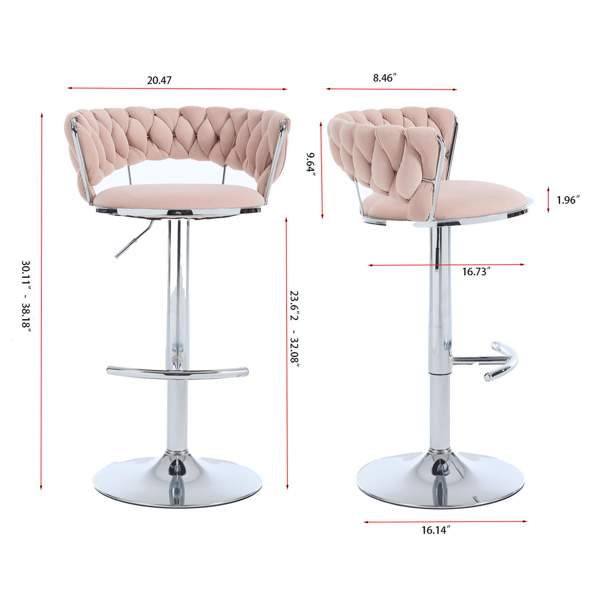 Set of 2 Bar Stools,with Chrome Footrest and Base Swivel Height Adjustable Mechanical Lifting Velvet + Chrome  Leg Simple Bar Stool-PINK