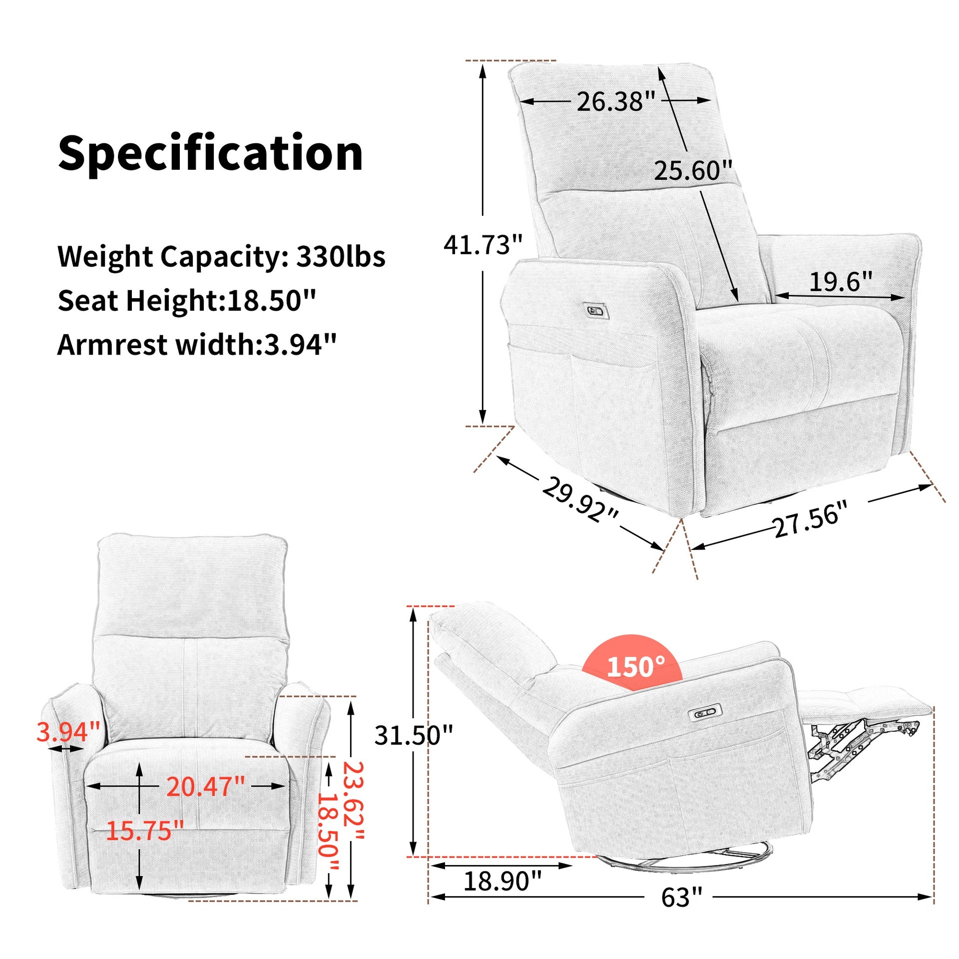 270° Power Swivel Rocker Recliner Chair for Adults, Swivel Rocking Recliner Chair,Electric Small Recliners for Small Spaces, Single Sofa Recliner for Living Room, Bedroom,RV (Fabric Gray+270°Swivel)
