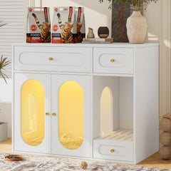 Cat Litter Box Enclosure with LED Light, Hidden Litter Box Furniture with Storage Drawers,Fit Most of Litter Box, Indoor Pet House with Acrylic Doors, End Table for Living Room, White