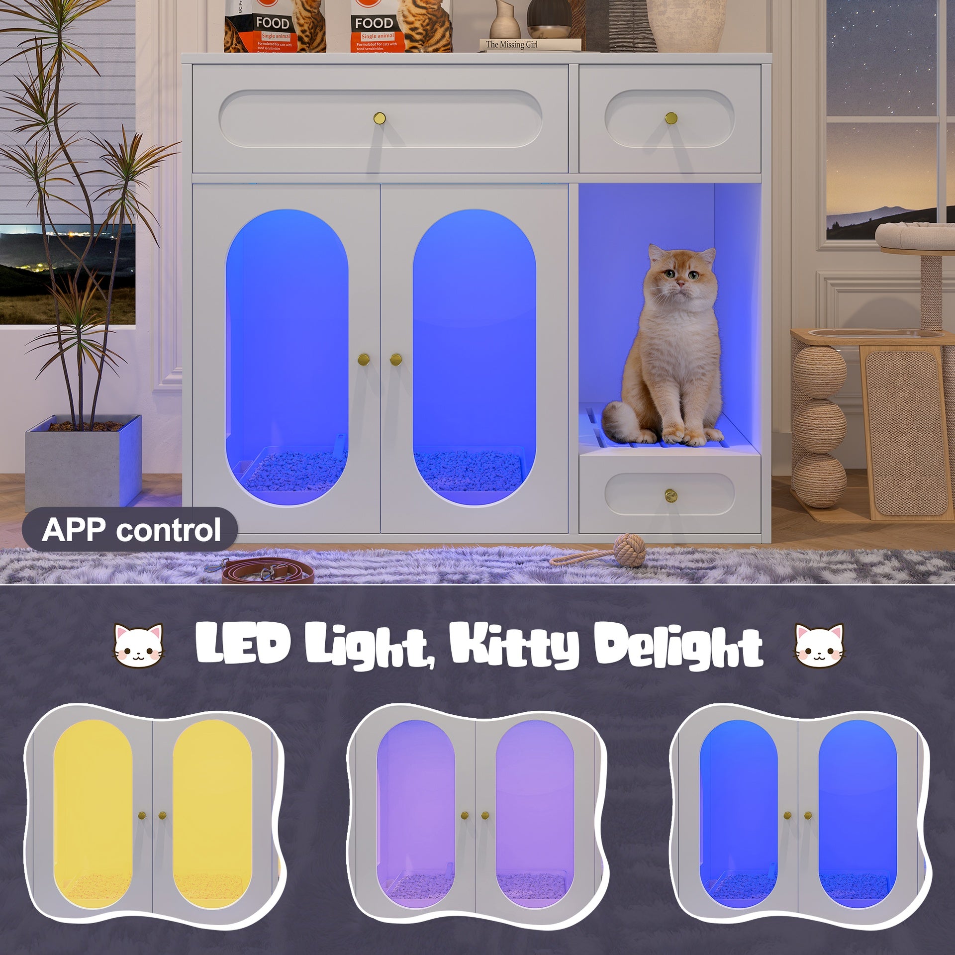 Cat Litter Box Enclosure with LED Light, Hidden Litter Box Furniture with Storage Drawers,Fit Most of Litter Box, Indoor Pet House with Acrylic Doors, End Table for Living Room, White