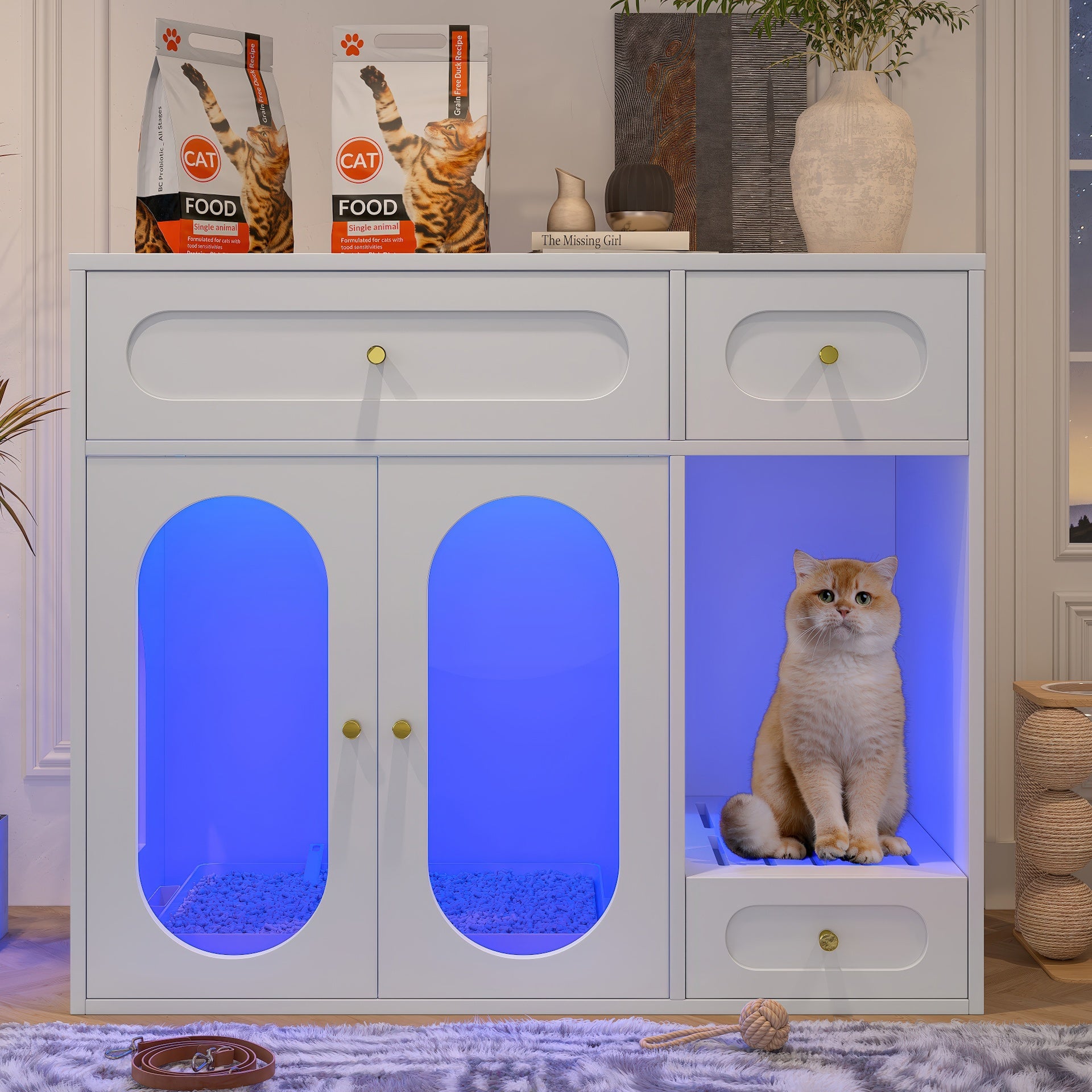Cat Litter Box Enclosure with LED Light, Hidden Litter Box Furniture with Storage Drawers,Fit Most of Litter Box, Indoor Pet House with Acrylic Doors, End Table for Living Room, White