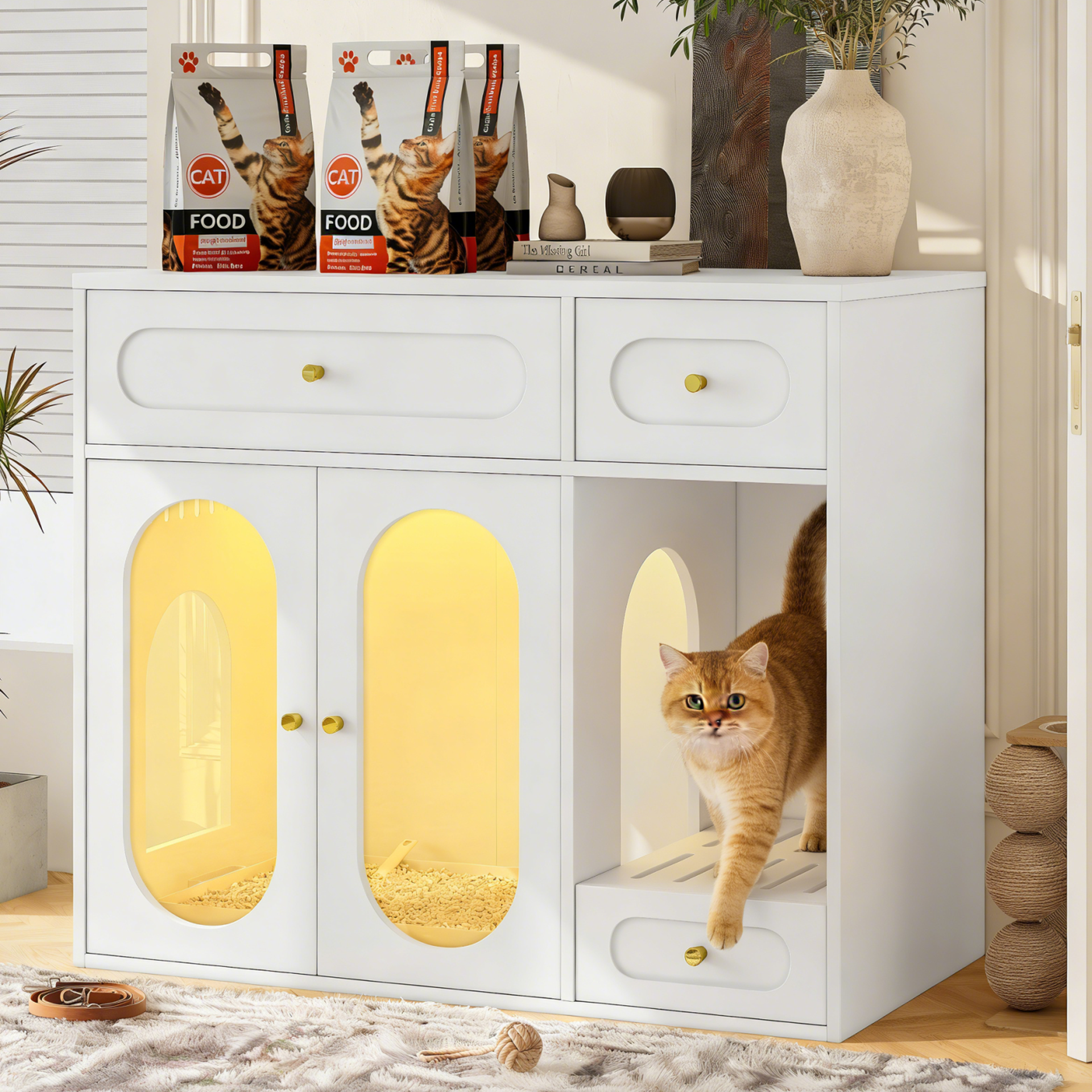 Cat Litter Box Enclosure with LED Light, Hidden Litter Box Furniture with Storage Drawers,Fit Most of Litter Box, Indoor Pet House with Acrylic Doors, End Table for Living Room, White