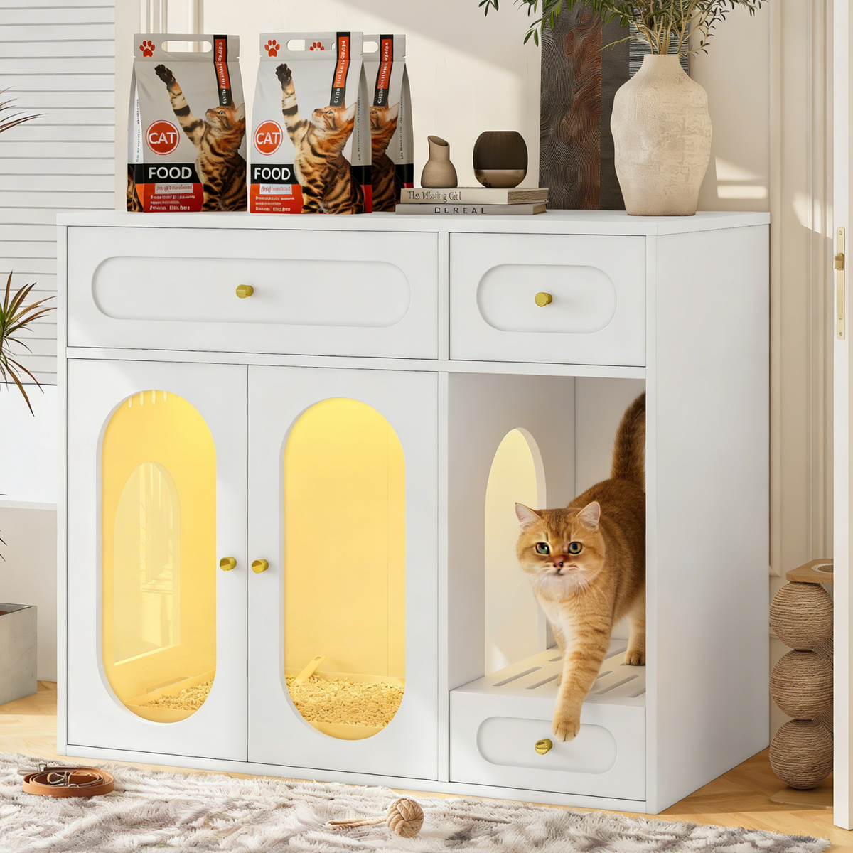 Cat Litter Box Enclosure with LED Light, Hidden Litter Box Furniture with Storage Drawers,Fit Most of Litter Box, Indoor Pet House with Acrylic Doors, End Table for Living Room, White
