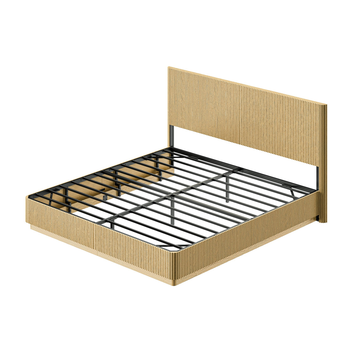 Kind Size Bed Frame with LED Lights, Modern Wooden Corrugated Curved Lines, Convex Groove Board Design, Oak.