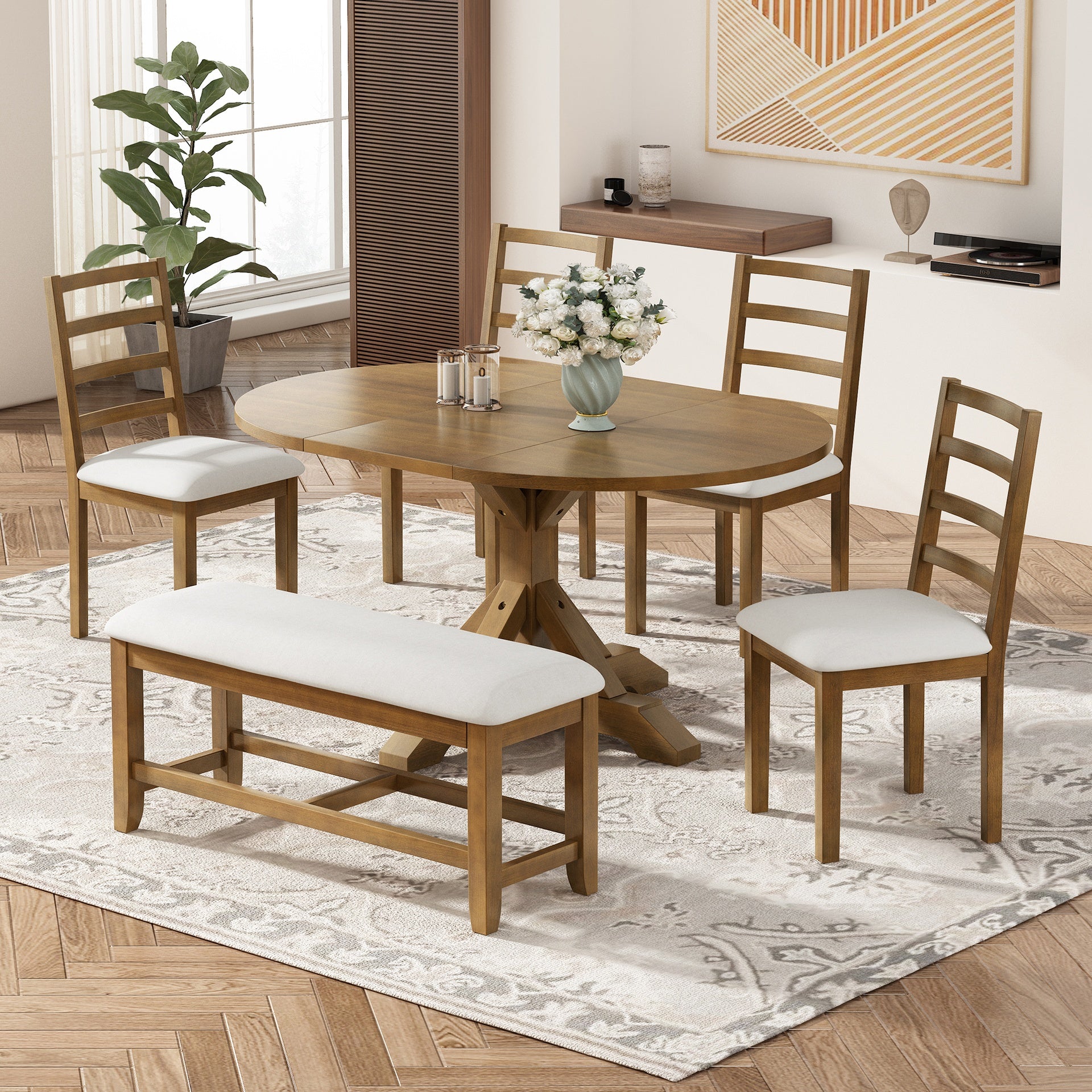 TOPMAX Farmhouse 6-Piece 60inch Extendable Pedestal Dining Table Set with 18inch Removable Leaf, 44inch Bench and 4 Ladder Back Dining Chairs, Dark Brown+Beige(OLD SKU:SP000060AAD)