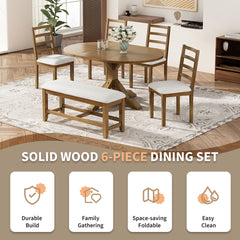 TOPMAX Farmhouse 6-Piece 60inch Extendable Pedestal Dining Table Set with 18inch Removable Leaf, 44inch Bench and 4 Ladder Back Dining Chairs, Dark Brown+Beige(OLD SKU:SP000060AAD)