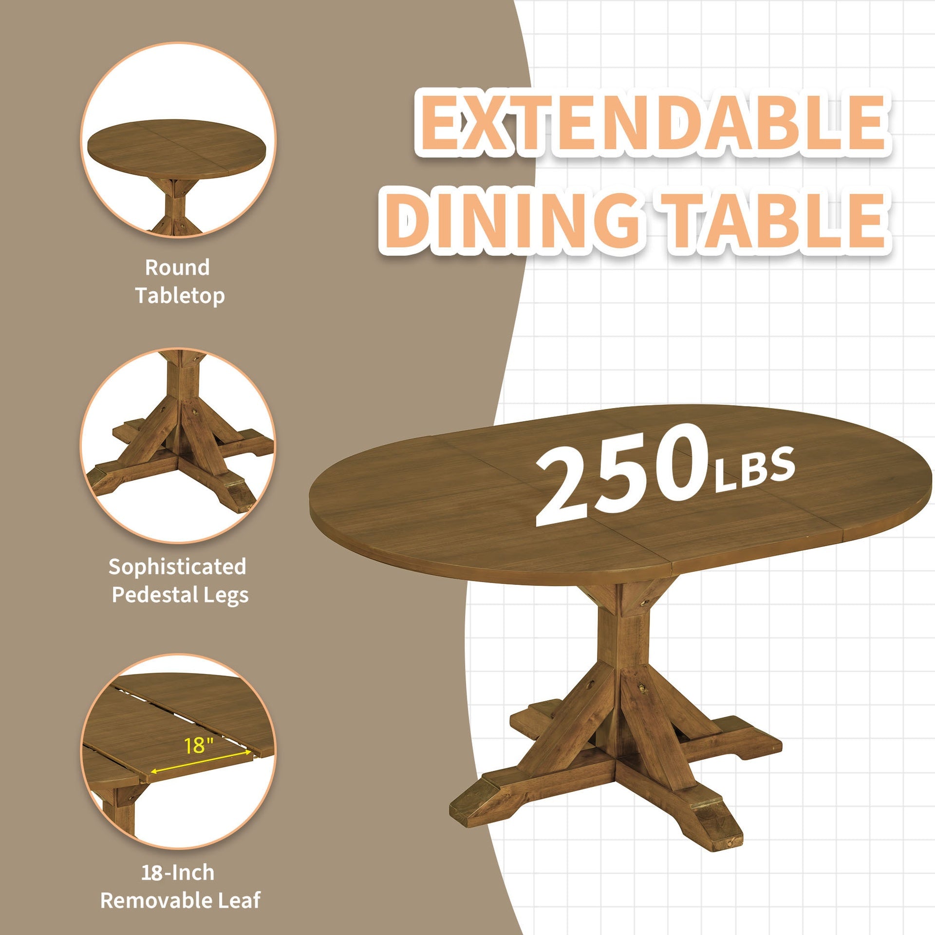 TOPMAX Farmhouse 6-Piece 60inch Extendable Pedestal Dining Table Set with 18inch Removable Leaf, 44inch Bench and 4 Ladder Back Dining Chairs, Dark Brown+Beige(OLD SKU:SP000060AAD)