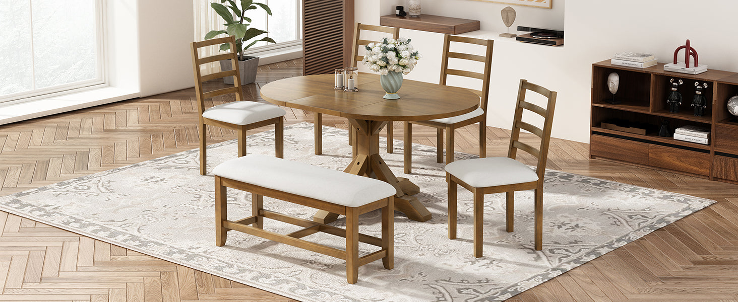 TOPMAX Farmhouse 6-Piece 60inch Extendable Pedestal Dining Table Set with 18inch Removable Leaf, 44inch Bench and 4 Ladder Back Dining Chairs, Dark Brown+Beige(OLD SKU:SP000060AAD)