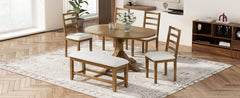 TOPMAX Farmhouse 6-Piece 60inch Extendable Pedestal Dining Table Set with 18inch Removable Leaf, 44inch Bench and 4 Ladder Back Dining Chairs, Dark Brown+Beige(OLD SKU:SP000060AAD)