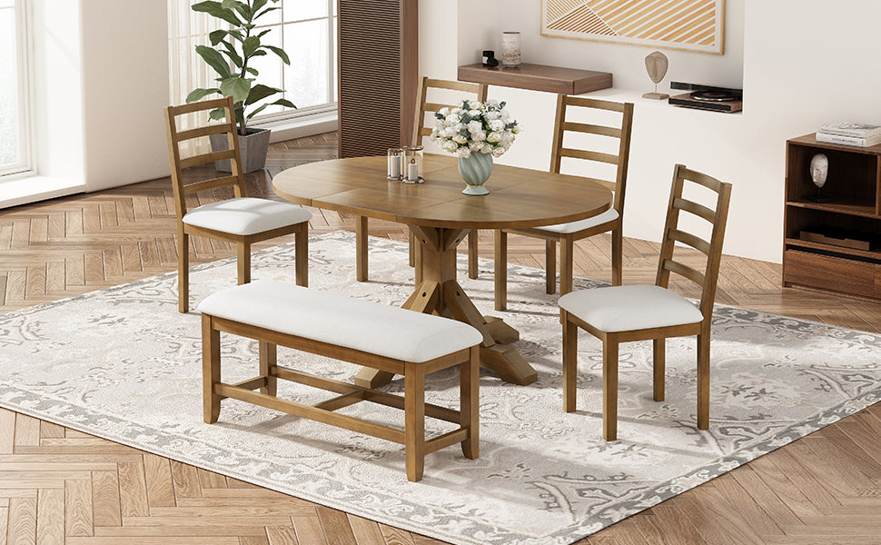 TOPMAX Farmhouse 6-Piece 60inch Extendable Pedestal Dining Table Set with 18inch Removable Leaf, 44inch Bench and 4 Ladder Back Dining Chairs, Dark Brown+Beige(OLD SKU:SP000060AAD)