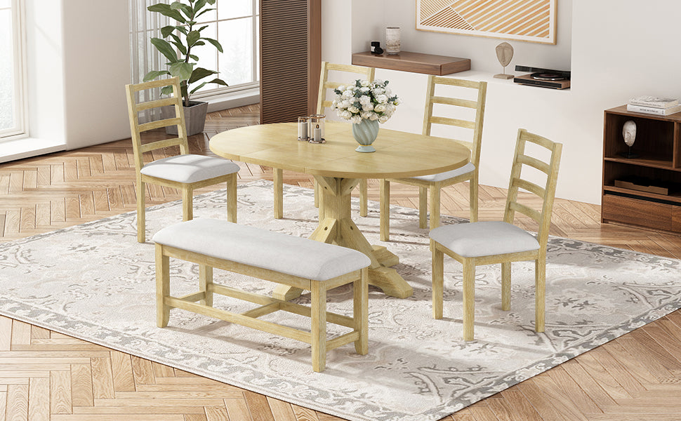 TOPMAX Farmhouse 6-Piece 60inch Extendable Pedestal Dining Table Set with 18inch Removable Leaf, 44inch Bench and 4 Ladder Back Dining Chairs, Natural+Beige(OLD SKU:SP000060AAA)