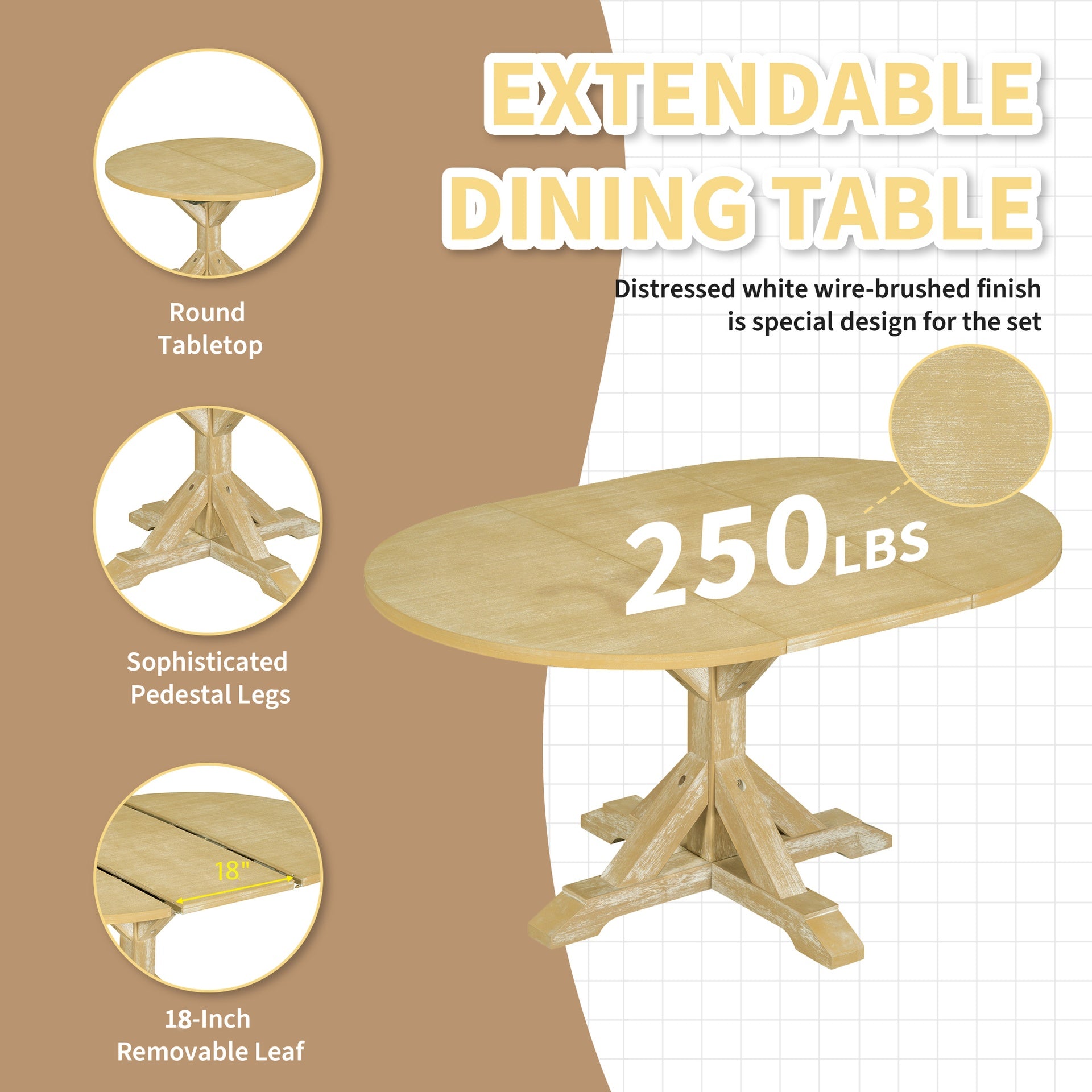 TOPMAX Farmhouse 6-Piece 60inch Extendable Pedestal Dining Table Set with 18inch Removable Leaf, 44inch Bench and 4 Ladder Back Dining Chairs, Natural+Beige(OLD SKU:SP000060AAA)