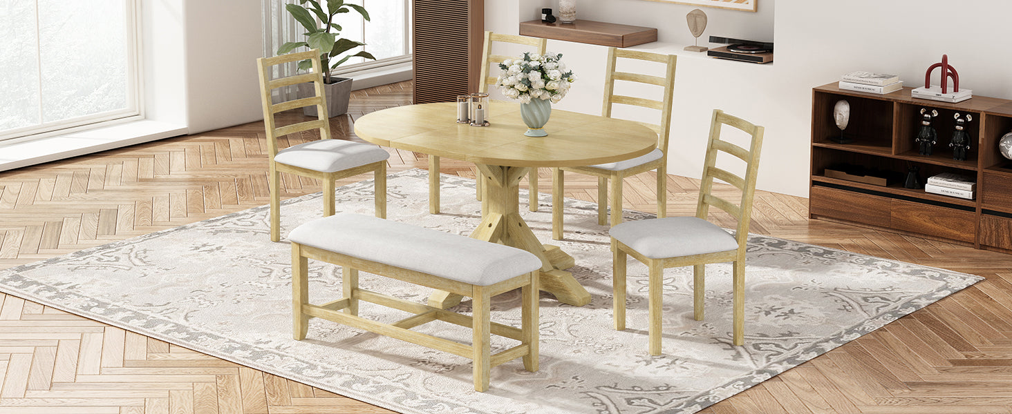 TOPMAX Farmhouse 6-Piece 60inch Extendable Pedestal Dining Table Set with 18inch Removable Leaf, 44inch Bench and 4 Ladder Back Dining Chairs, Natural+Beige(OLD SKU:SP000060AAA)