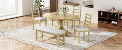 TOPMAX Farmhouse 6-Piece 60inch Extendable Pedestal Dining Table Set with 18inch Removable Leaf, 44inch Bench and 4 Ladder Back Dining Chairs, Natural+Beige(OLD SKU:SP000060AAA)