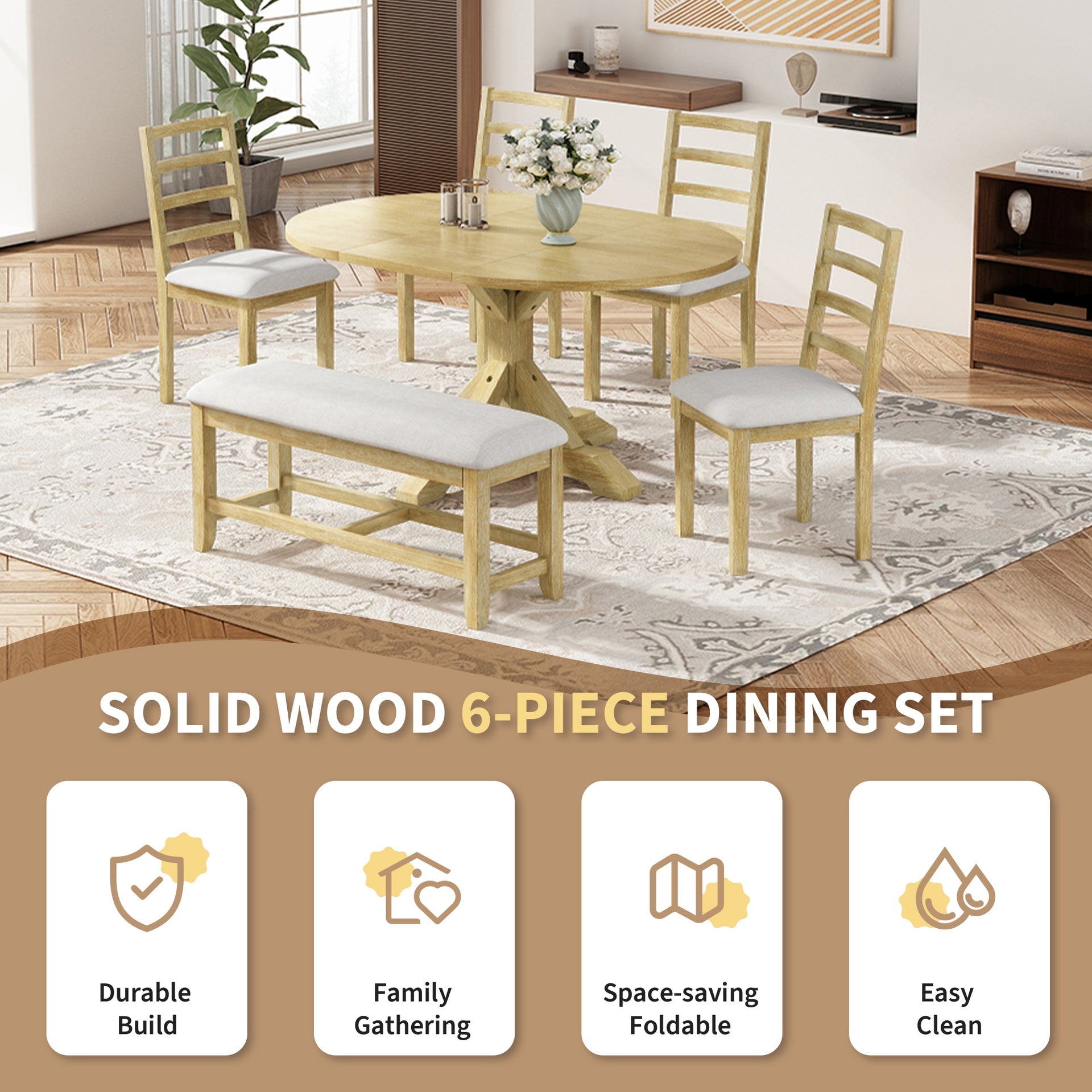 TOPMAX Farmhouse 6-Piece 60inch Extendable Pedestal Dining Table Set with 18inch Removable Leaf, 44inch Bench and 4 Ladder Back Dining Chairs, Natural+Beige(OLD SKU:SP000060AAA)