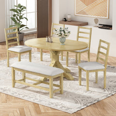 TOPMAX Farmhouse 6-Piece 60inch Extendable Pedestal Dining Table Set with 18inch Removable Leaf, 44inch Bench and 4 Ladder Back Dining Chairs, Natural+Beige(OLD SKU:SP000060AAA)