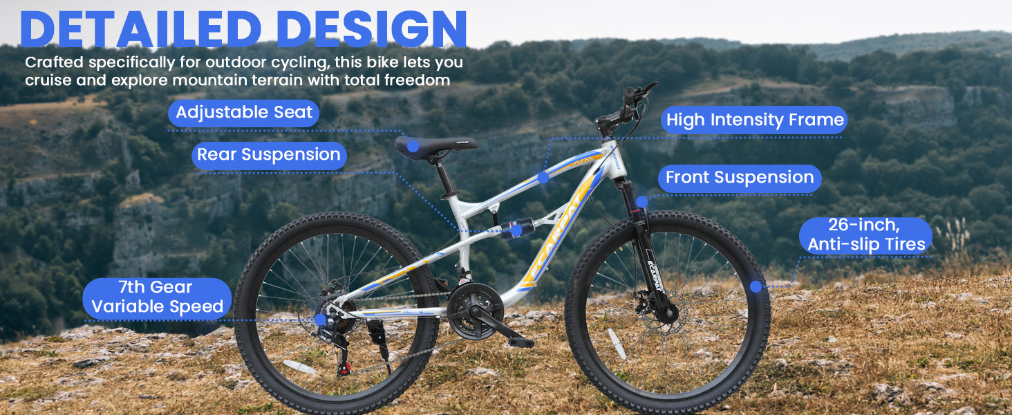 A2670 26 Inch Mountain Bike with 21-Speeds & Full Suspension Steel Frame, Alloy Rims, Disc Brakes For All Terrains, Men & Women, Multiple Colors