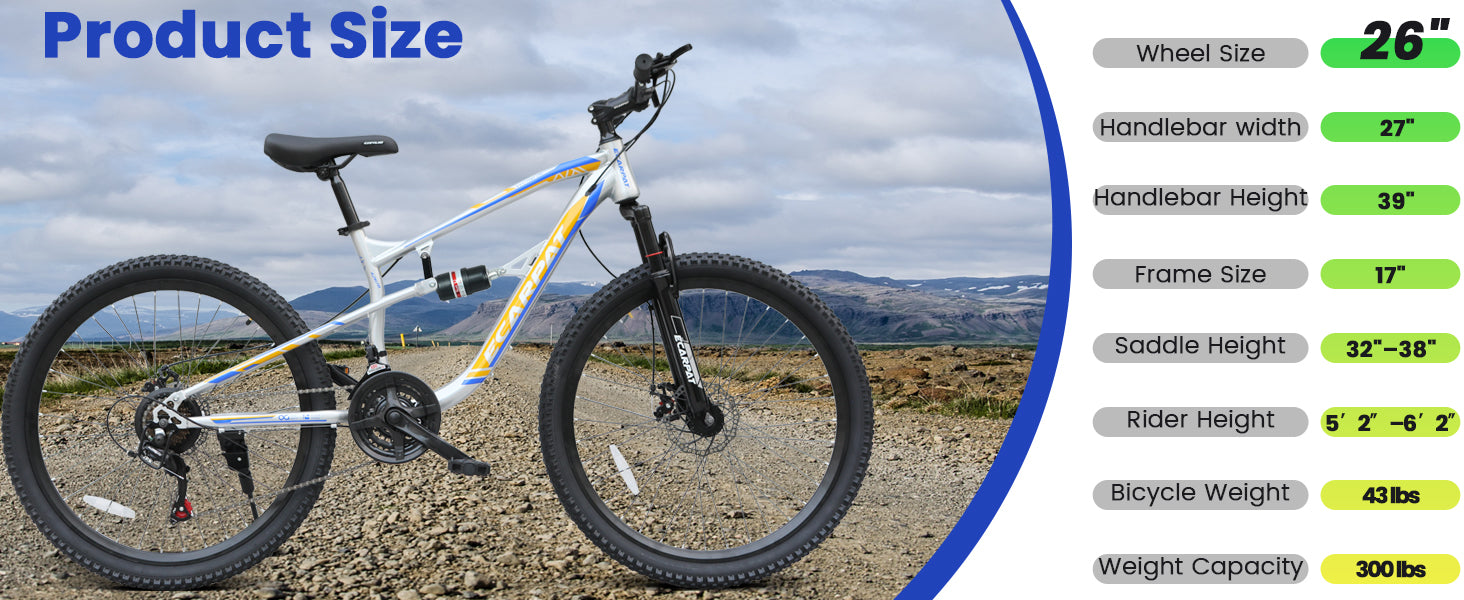 A2670 26 Inch Mountain Bike with 21-Speeds & Full Suspension Steel Frame, Alloy Rims, Disc Brakes For All Terrains, Men & Women, Multiple Colors