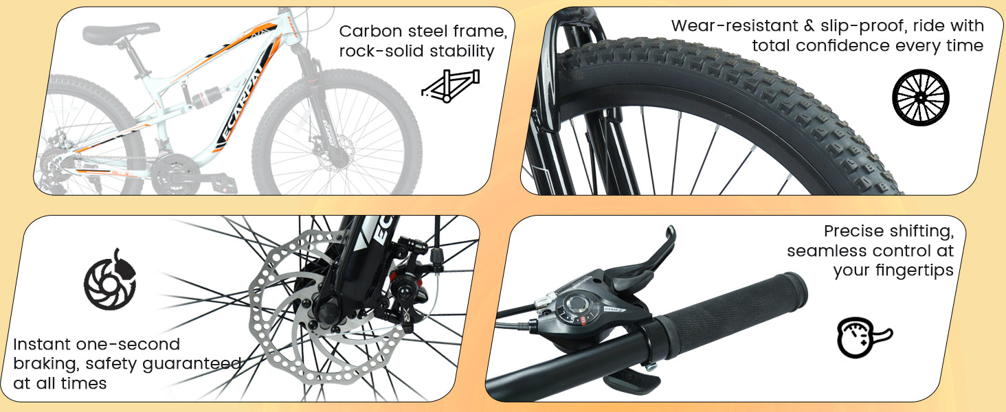 A2670 26 Inch Mountain Bike with 21-Speeds & Full Suspension Steel Frame, Alloy Rims, Disc Brakes For All Terrains, Men & Women, Multiple Colors