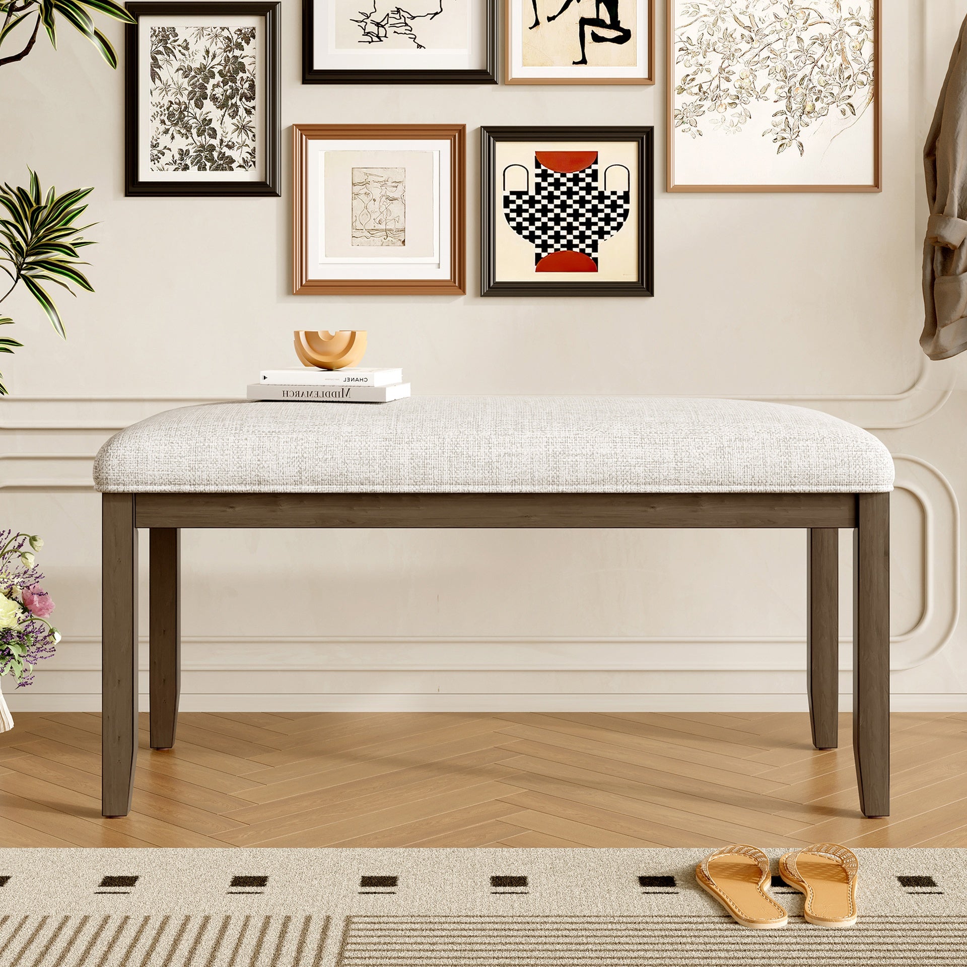 Upholstered Bench for Bedroom End of Bed,38-inch Entryway Bench for Living Room,Dining Bench with Padded Seat and Solid Wood Leg for Kitchen Bedroom,Indoor and Hallway (Bench, Beige+Brown)