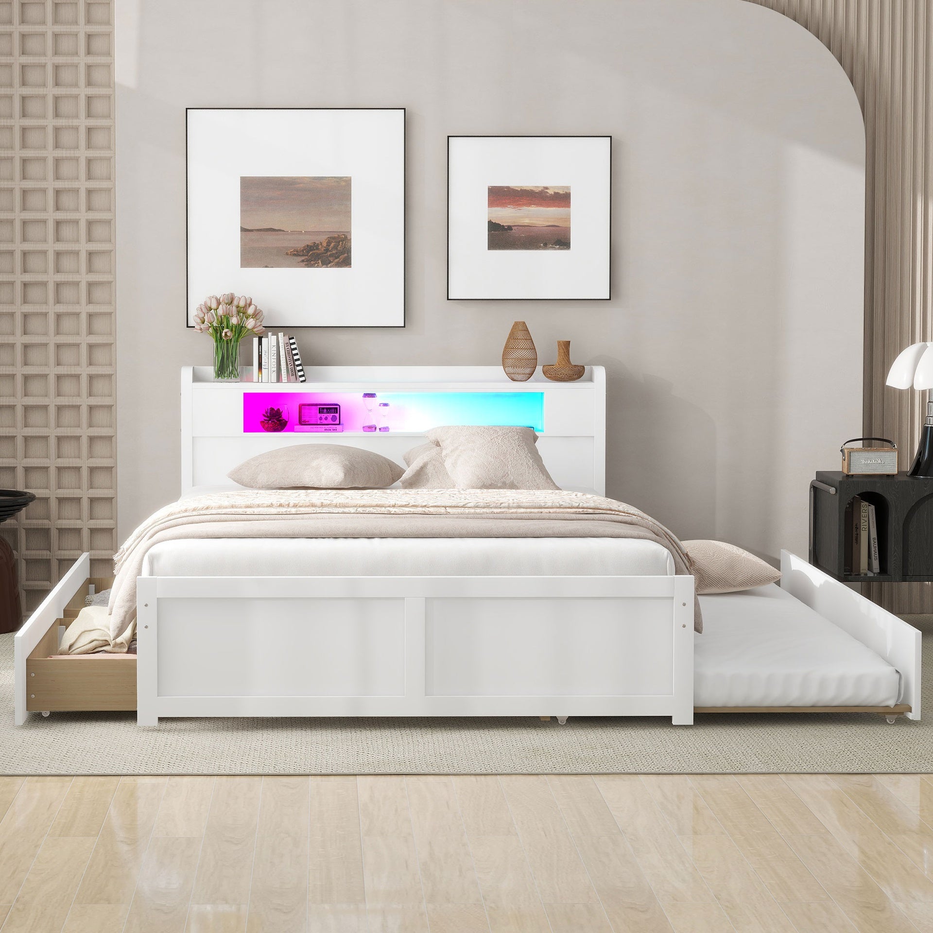 Queen Size Wood Storage Platform Bed with LED, 2 Drawers and 1 Twin Size Trundle, White