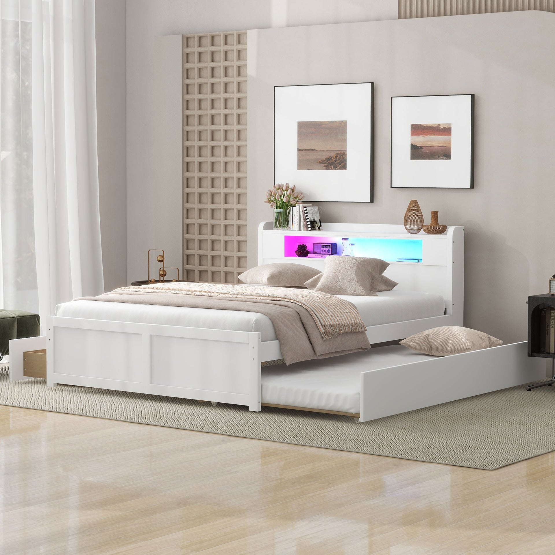 Queen Size Wood Storage Platform Bed with LED, 2 Drawers and 1 Twin Size Trundle, White