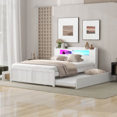 Queen Size Wood Storage Platform Bed with LED, 2 Drawers and 1 Twin Size Trundle, White