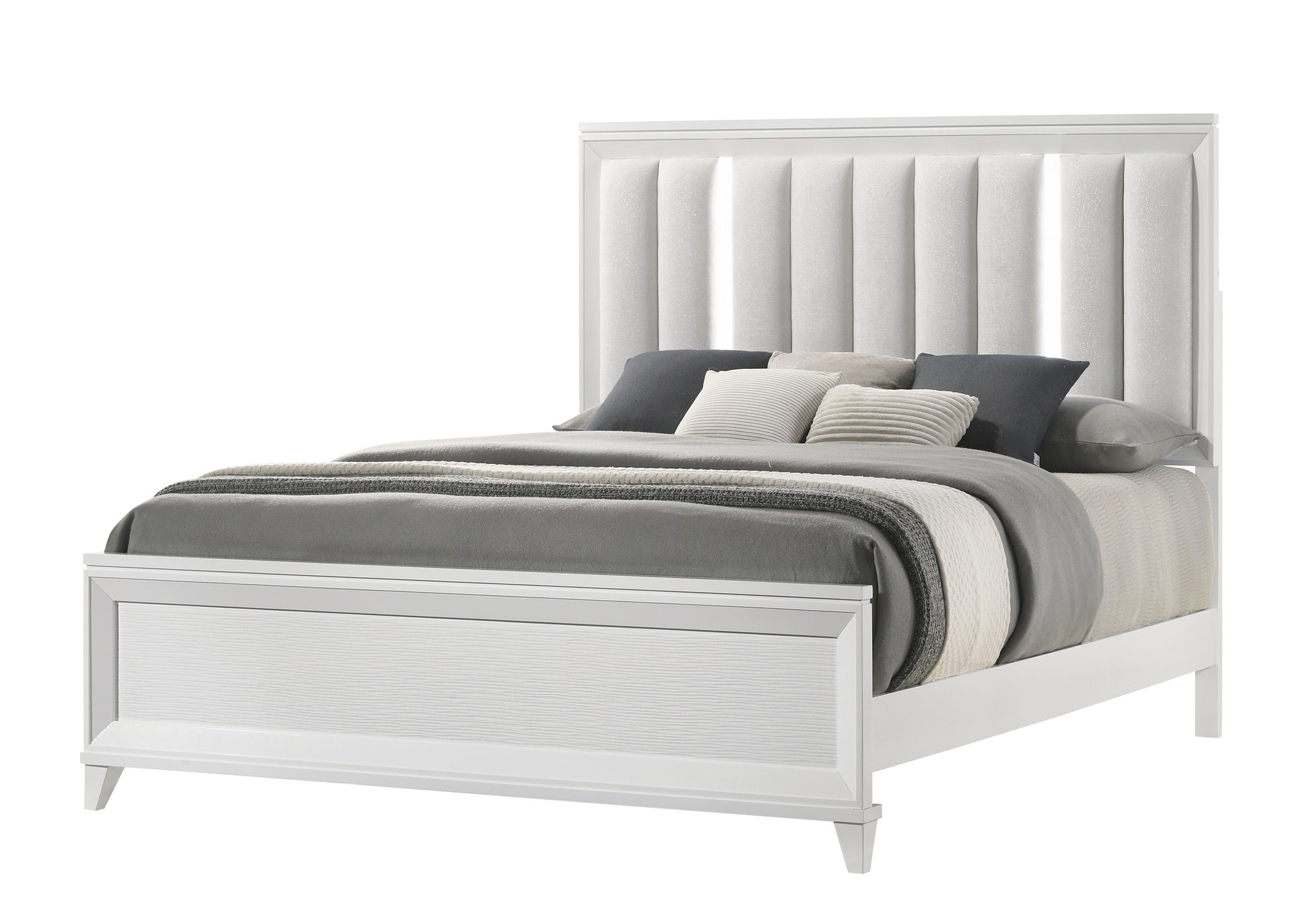 Modern 1pc King Size LED Light Linen Look Fabric Upholstered Headboard Panel Bed White Finish Solid Wood Wooden Bedroom Furniture