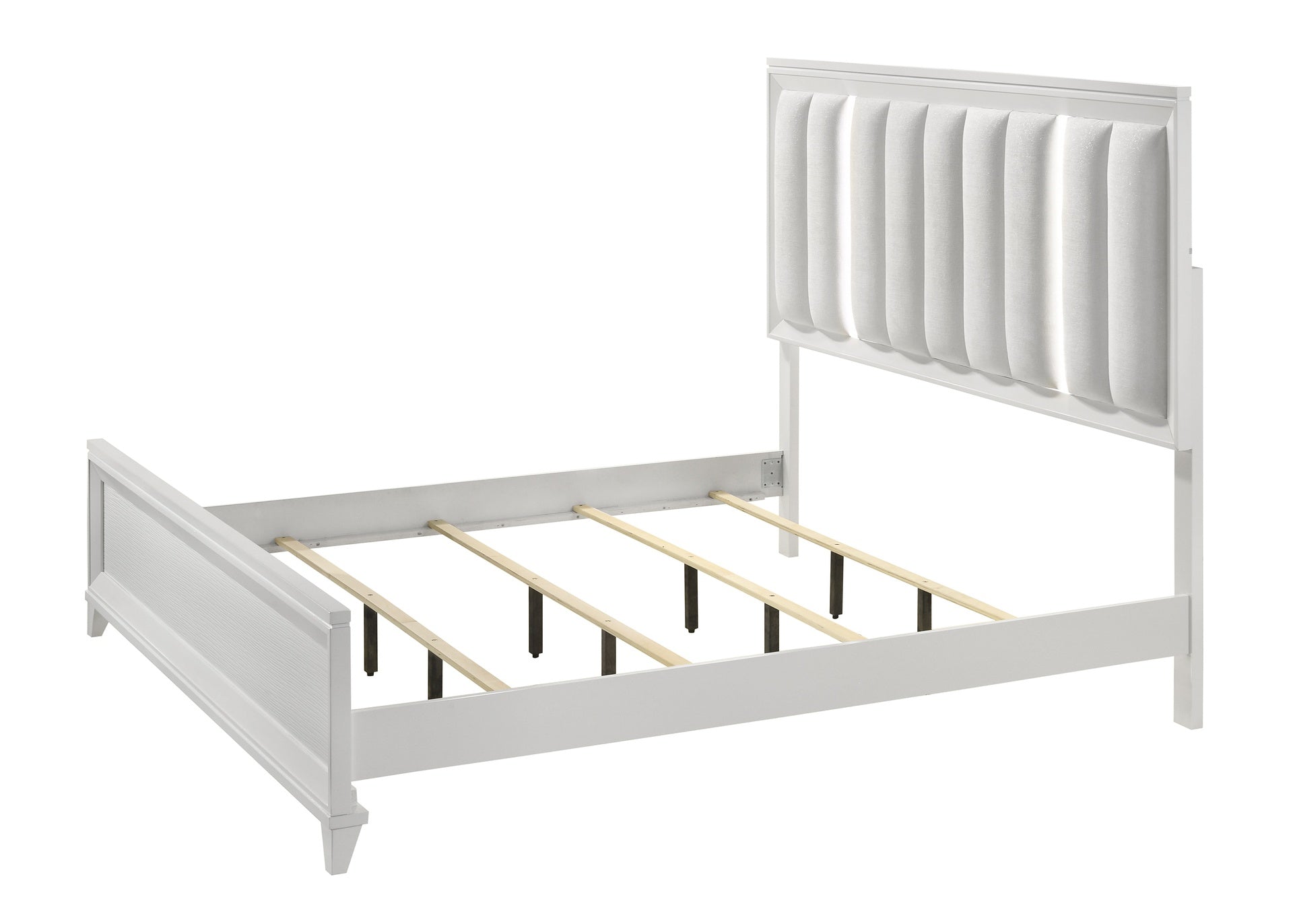 Modern 1pc King Size LED Light Linen Look Fabric Upholstered Headboard Panel Bed White Finish Solid Wood Wooden Bedroom Furniture