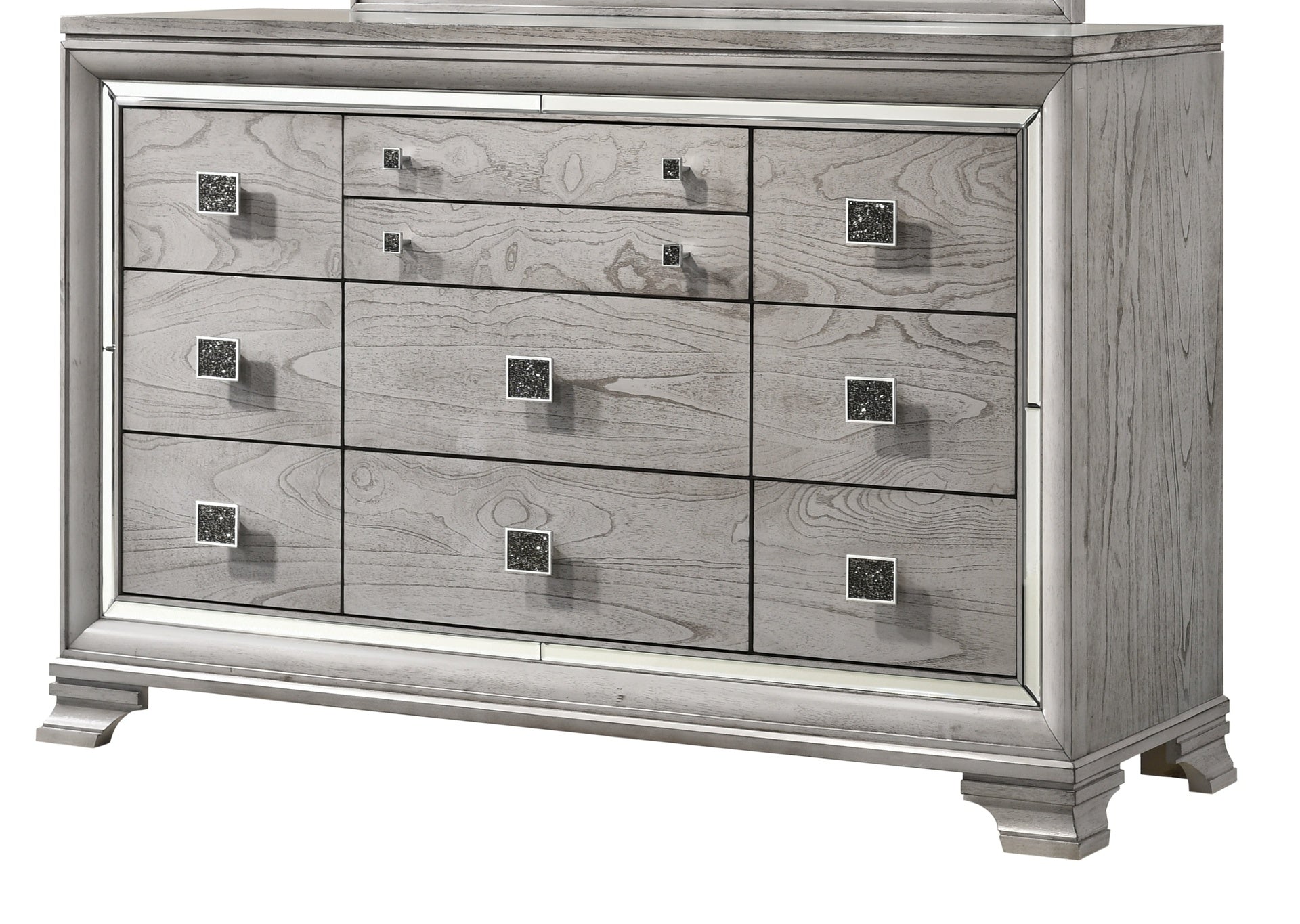 Contemporary 1pc Light Gray Brown Finish 6 Storage Drawer Dresser Jewelry Tray Mirrored Accents Beautiful Solid Wood Wooden Bedroom Furniture