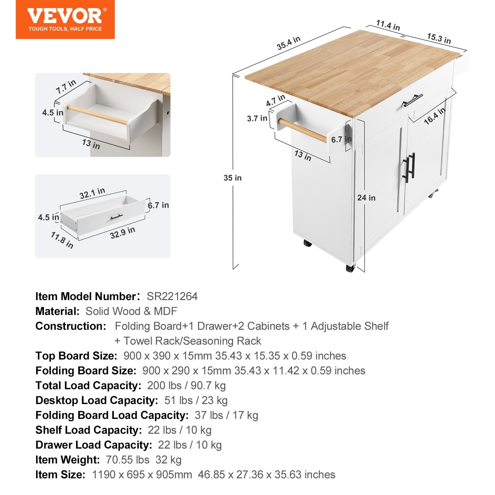 Kitchen Island Cart with Solid Wood Top, 35.4" Width Mobile Carts with Storage Cabinet, Rolling Kitchen Table with Spice Rack, Towel Rack, Drop Leaf and Drawer, Portable Islands on Wheels, White