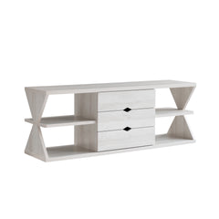 Modern TV Stand with Four Open Shelves and Three Storage Drawers - White Oak