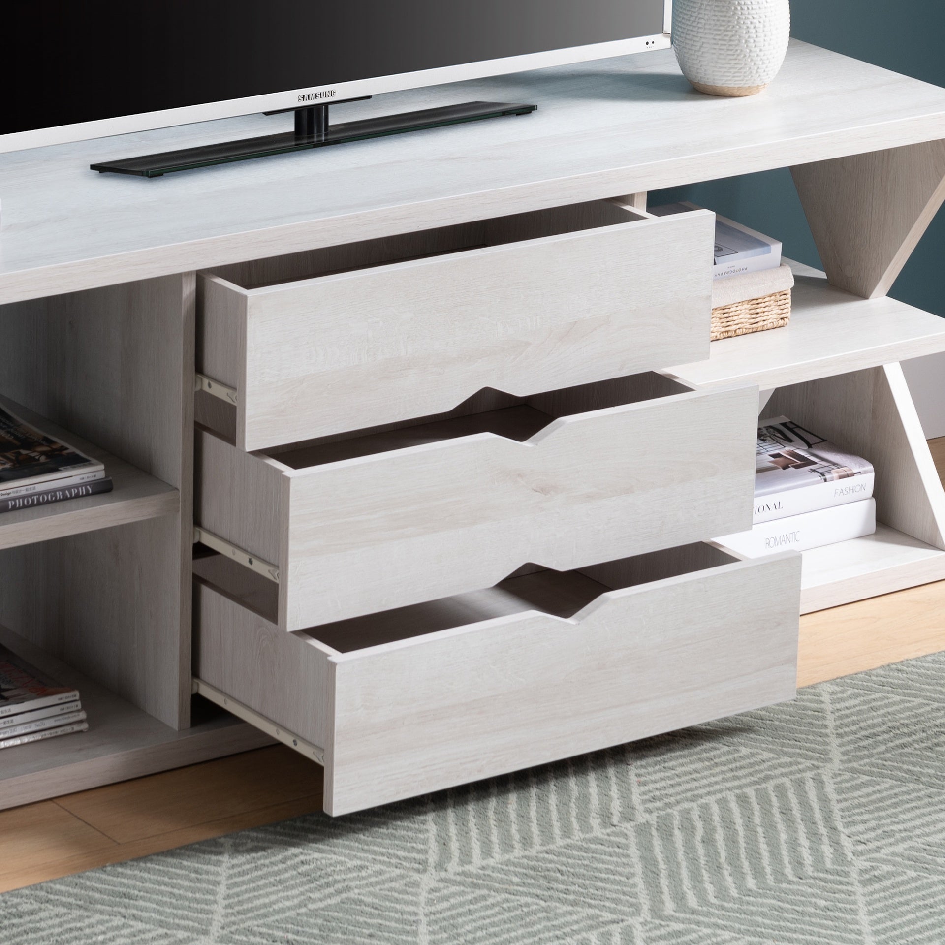 Modern TV Stand with Four Open Shelves and Three Storage Drawers - White Oak