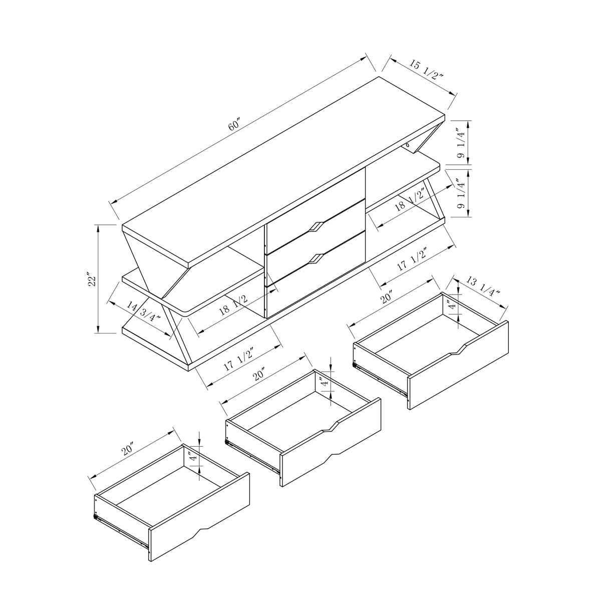 Modern TV Stand with Four Open Shelves and Three Storage Drawers - White Oak