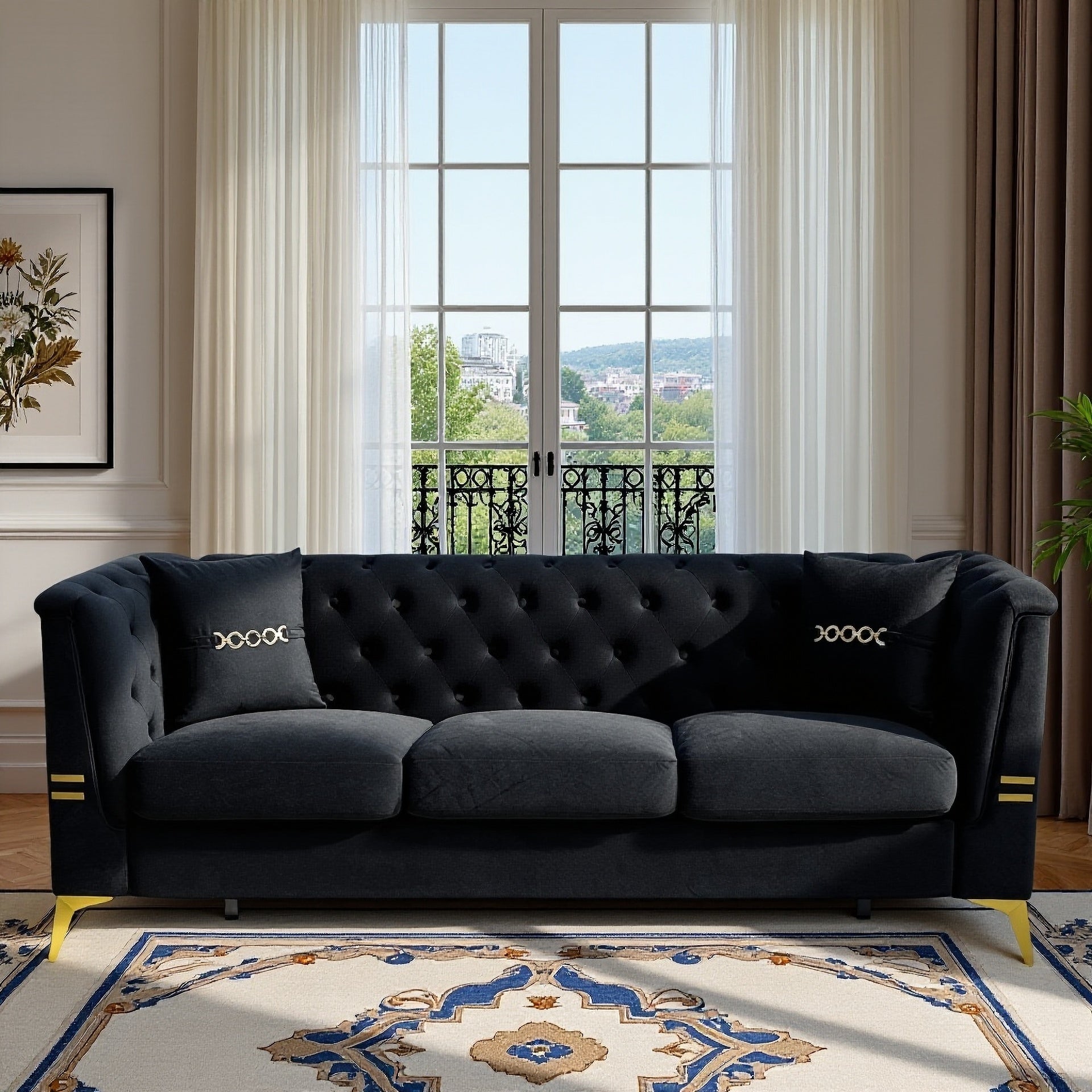 FX-P83-BK3 (SOFA WITH 2PILLOWS)-Modern Tufted Velvet Sofa, 82.67" Mid-Century 3-Seater Couch with Gold Metal Legs & Pillows, Elegant Chesterfield-Style Sofa for Living Room, Black