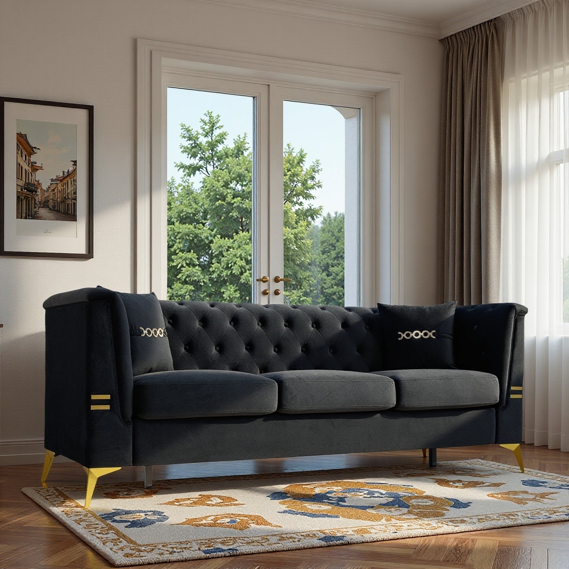 FX-P83-BK3 (SOFA WITH 2PILLOWS)-Modern Tufted Velvet Sofa, 82.67" Mid-Century 3-Seater Couch with Gold Metal Legs & Pillows, Elegant Chesterfield-Style Sofa for Living Room, Black