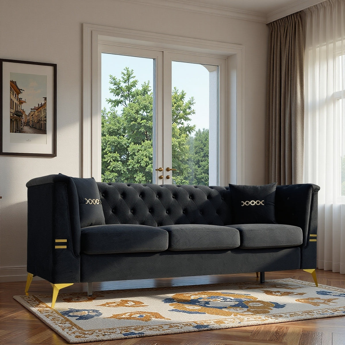 FX-P83-BK3 (SOFA WITH 2PILLOWS)-Modern Tufted Velvet Sofa, 82.67" Mid-Century 3-Seater Couch with Gold Metal Legs & Pillows, Elegant Chesterfield-Style Sofa for Living Room, Black