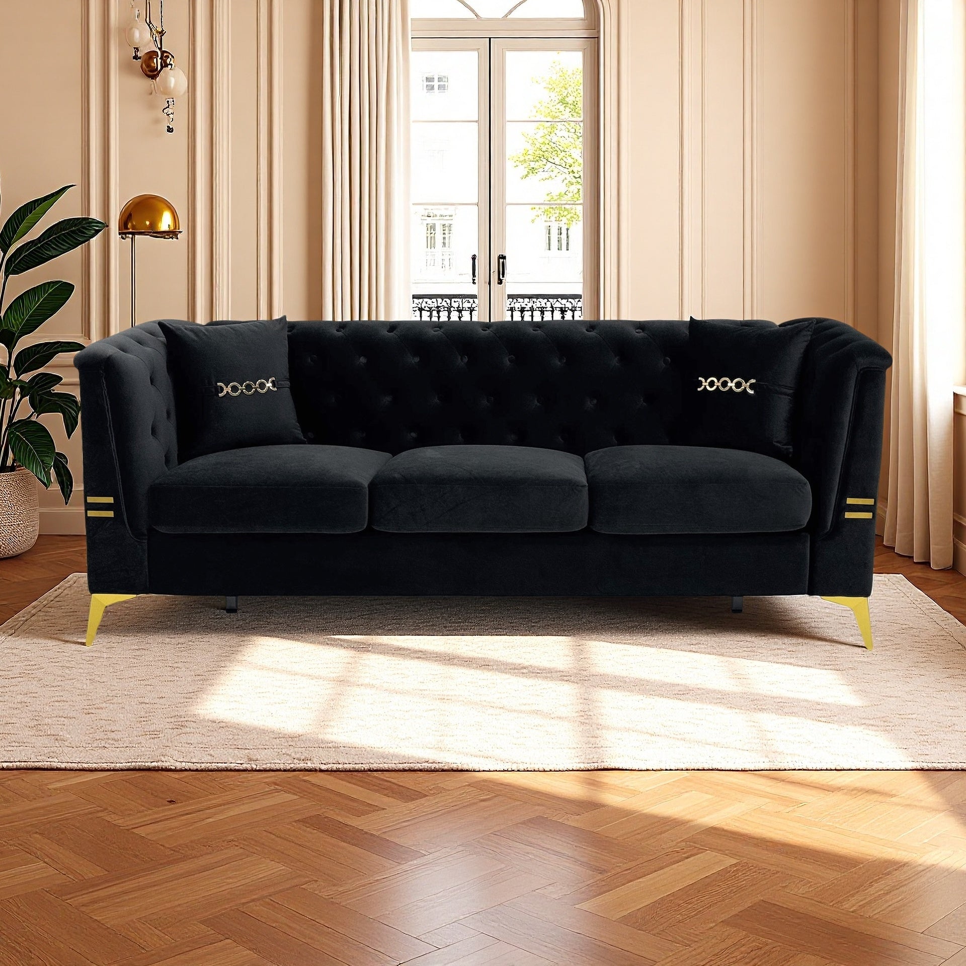 FX-P83-BK3 (SOFA WITH 2PILLOWS)-Modern Tufted Velvet Sofa, 82.67" Mid-Century 3-Seater Couch with Gold Metal Legs & Pillows, Elegant Chesterfield-Style Sofa for Living Room, Black