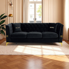 FX-P83-BK3 (SOFA WITH 2PILLOWS)-Modern Tufted Velvet Sofa, 82.67" Mid-Century 3-Seater Couch with Gold Metal Legs & Pillows, Elegant Chesterfield-Style Sofa for Living Room, Black