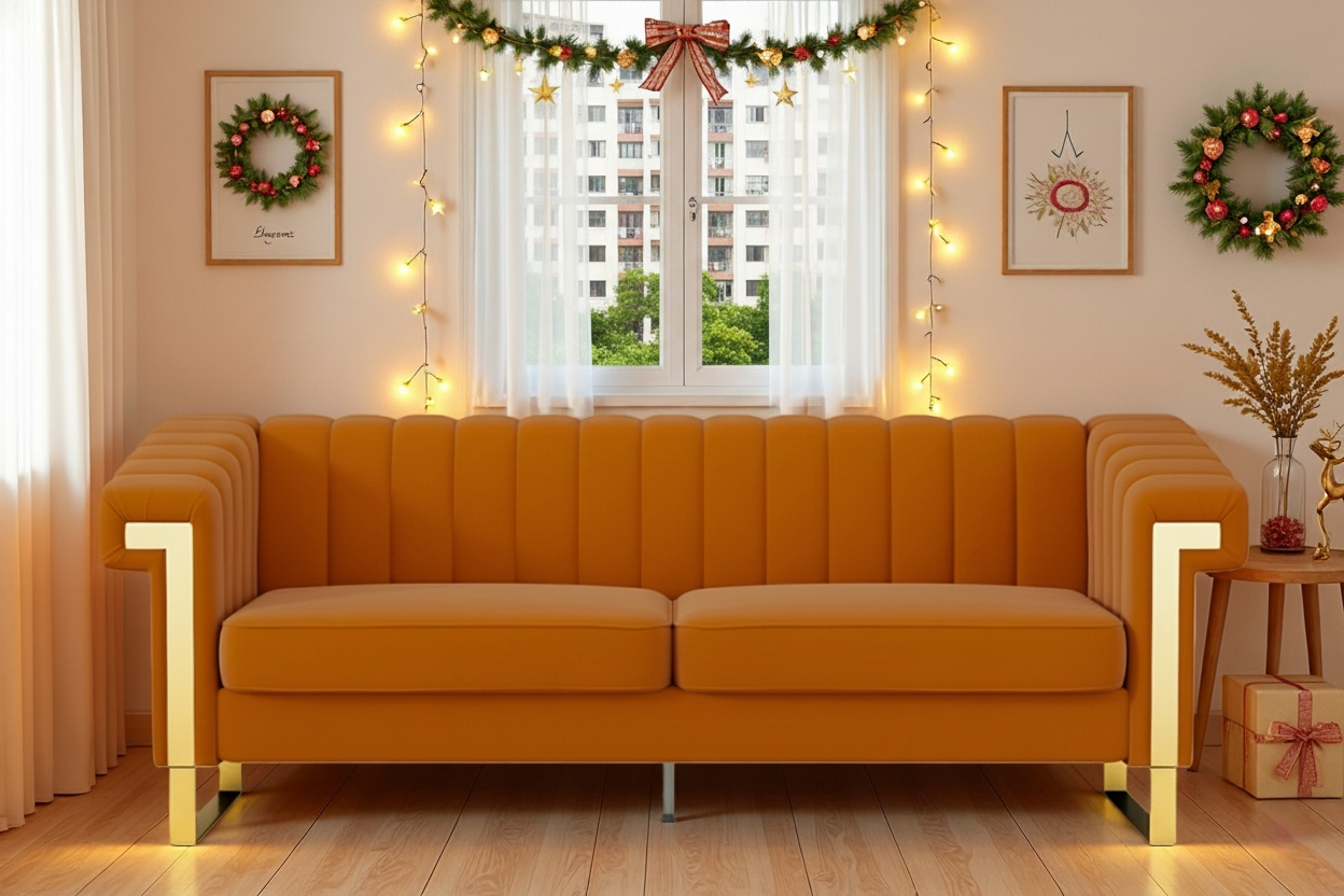 FX-P81-OR2(SOFA)Mid-Century Modern Velvet Sofa, Orange Chesterfield 3-Seater Couch with Vertical Channel Tufting, Metal Trim Arms & Legs, Living Room Upholstered Couch with Deep Seating