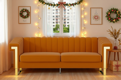FX-P81-OR2(SOFA)Mid-Century Modern Velvet Sofa, Orange Chesterfield 3-Seater Couch with Vertical Channel Tufting, Metal Trim Arms & Legs, Living Room Upholstered Couch with Deep Seating