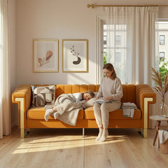 FX-P81-OR2(SOFA)Mid-Century Modern Velvet Sofa, Orange Chesterfield 3-Seater Couch with Vertical Channel Tufting, Metal Trim Arms & Legs, Living Room Upholstered Couch with Deep Seating