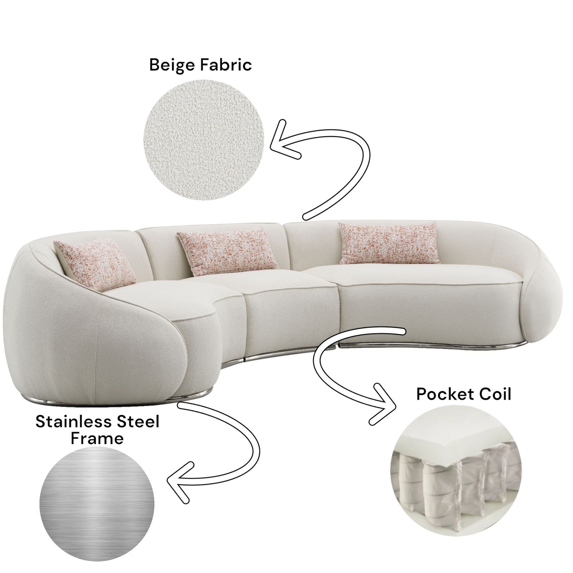 Sahara Beige Boucle Sectional Sofa W/3 Pillows