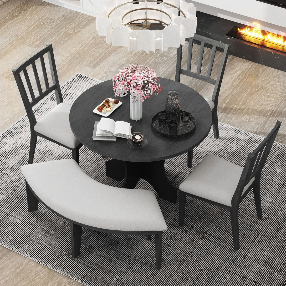 TREXM 5-piece Rustic Charm Round Dining Set with 3 Upholstered Chairs and Curved Bench for Dining Room, Kitchen and Living Room (Gray)